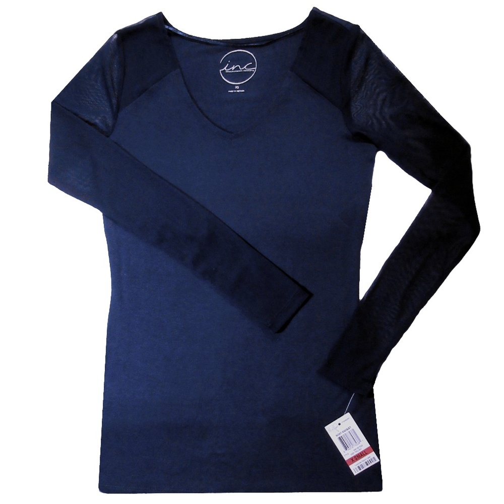 INC Women's V-Neck with Semi-Sheer Long Sleeves XS